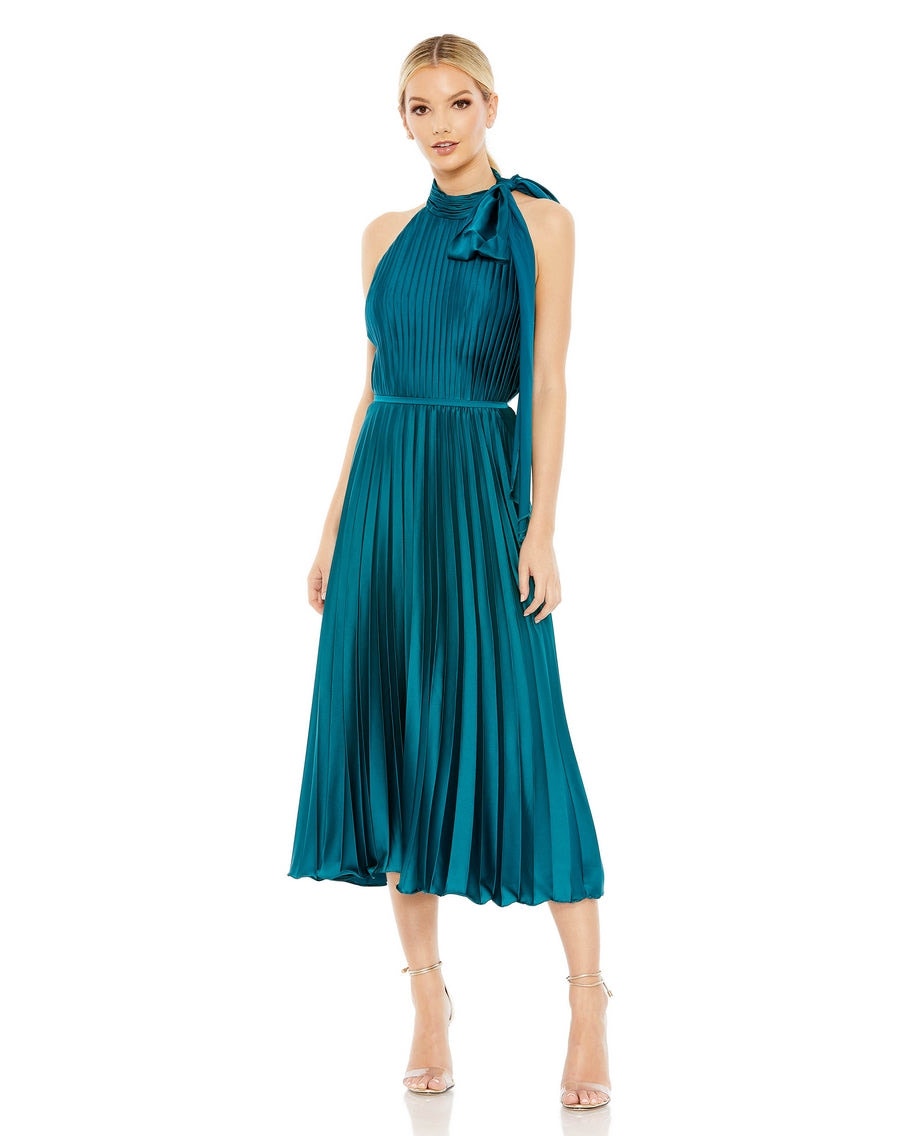 Mac Duggal Teal Blue Halter Neck Tea Length Pleated Satin Cocktail Dress 8